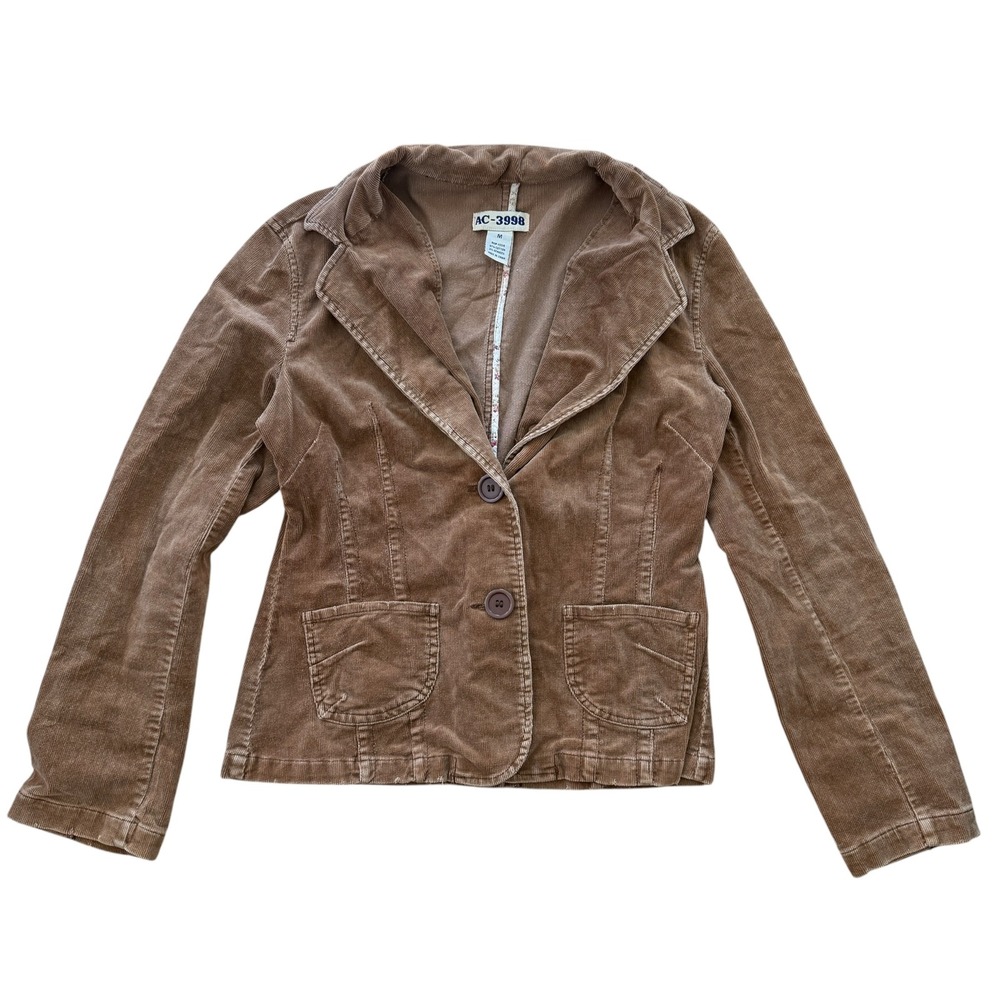 AC-3998 Corduroy Blazer Jacket Fitted Two Button Front Size M Brown Twee y2k